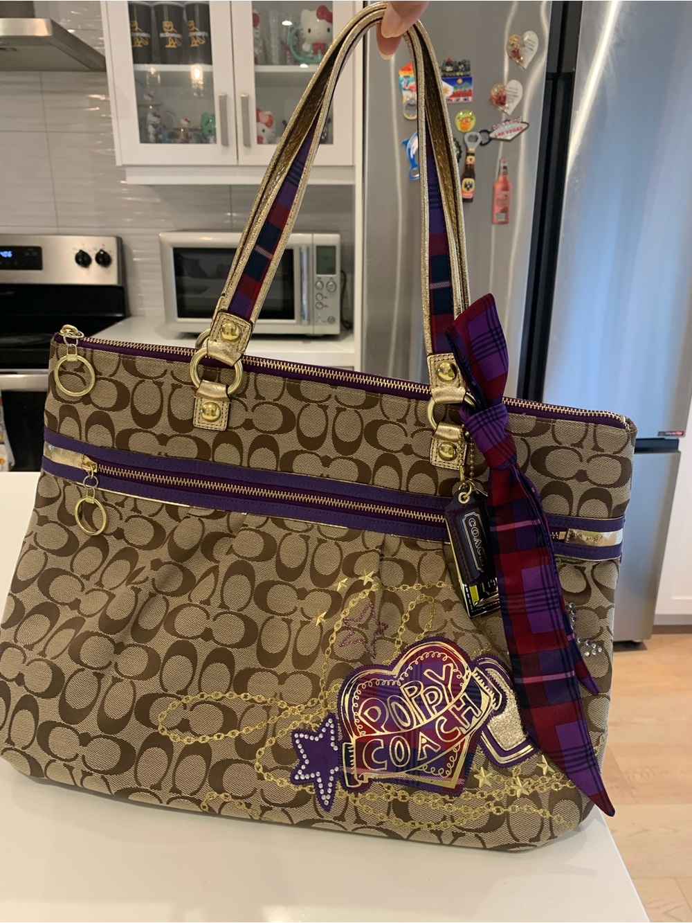 💜 Coach Signature Poppy Glam Appliqué Tartan Tote in Brown with Purple Accent 💜